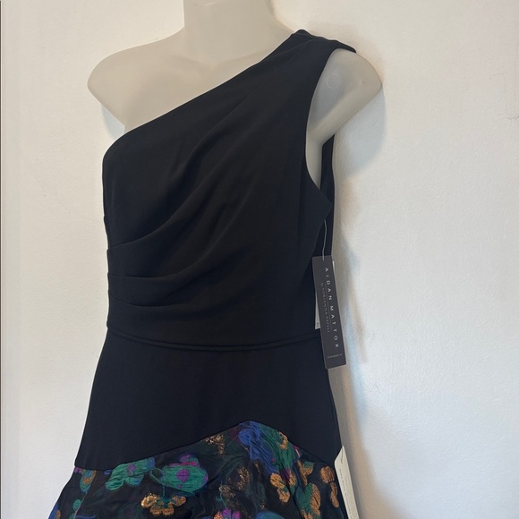 AIDAN MATTOX One Shoulder Black Dress w/Floral Layered Jacquared Fabric Sz4 - Picture 10 of 14
